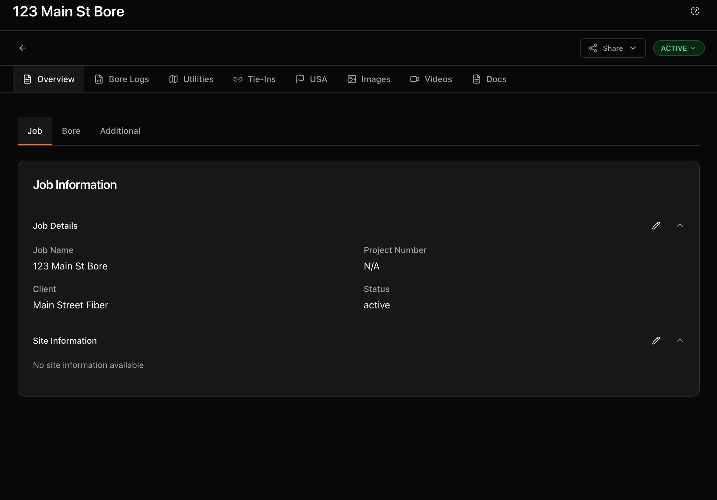 Job overview showing job details, client, and status