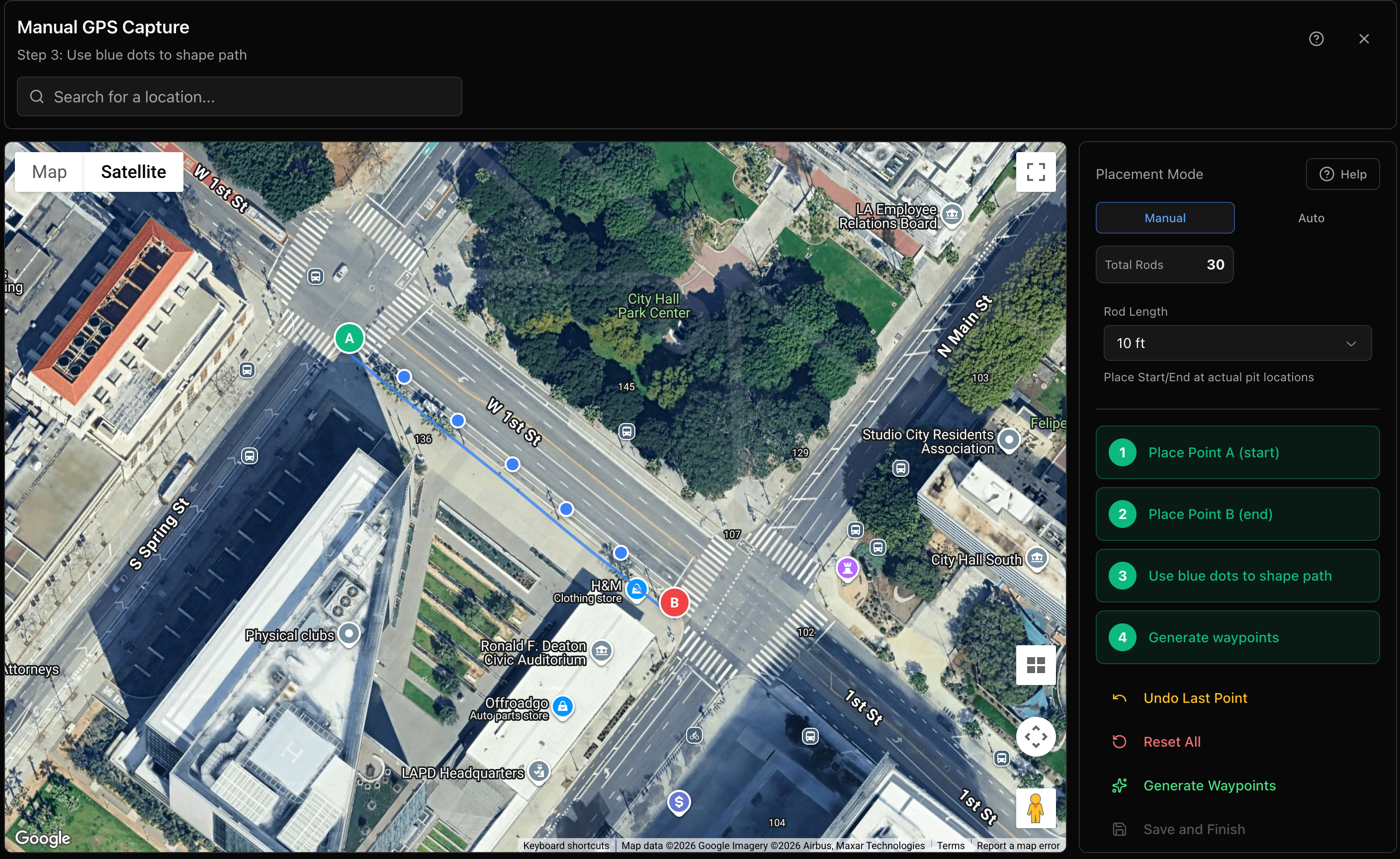 Manual GPS capture showing bore path on satellite map