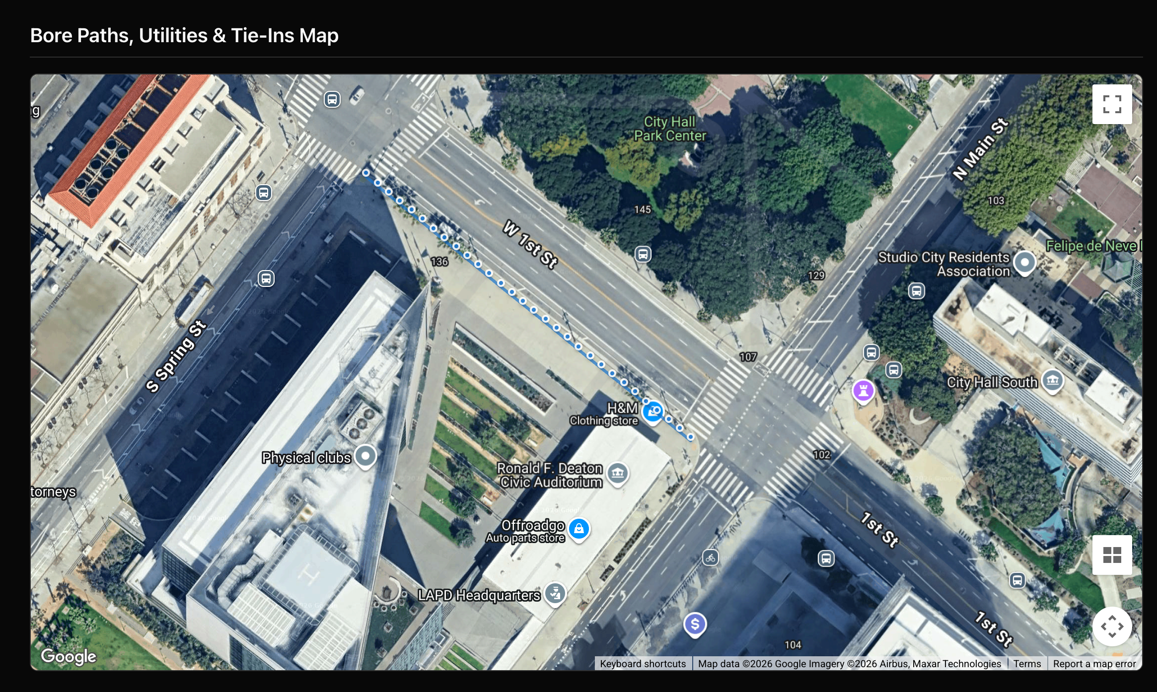 Map showing bore path with utility markers