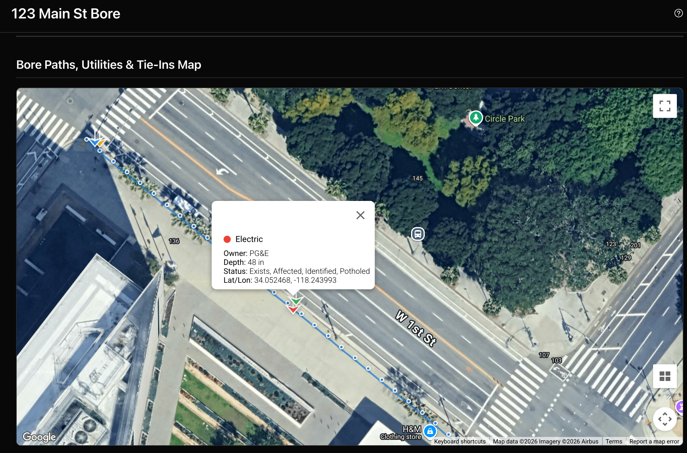 Utility marker popup showing electric utility details