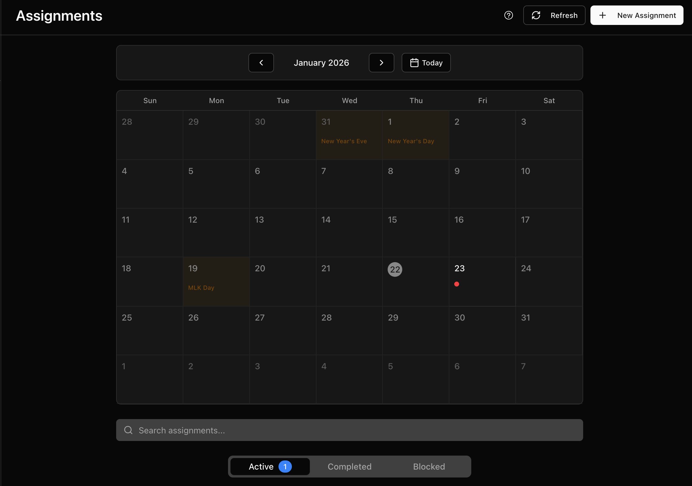 Assignment calendar showing scheduled jobs