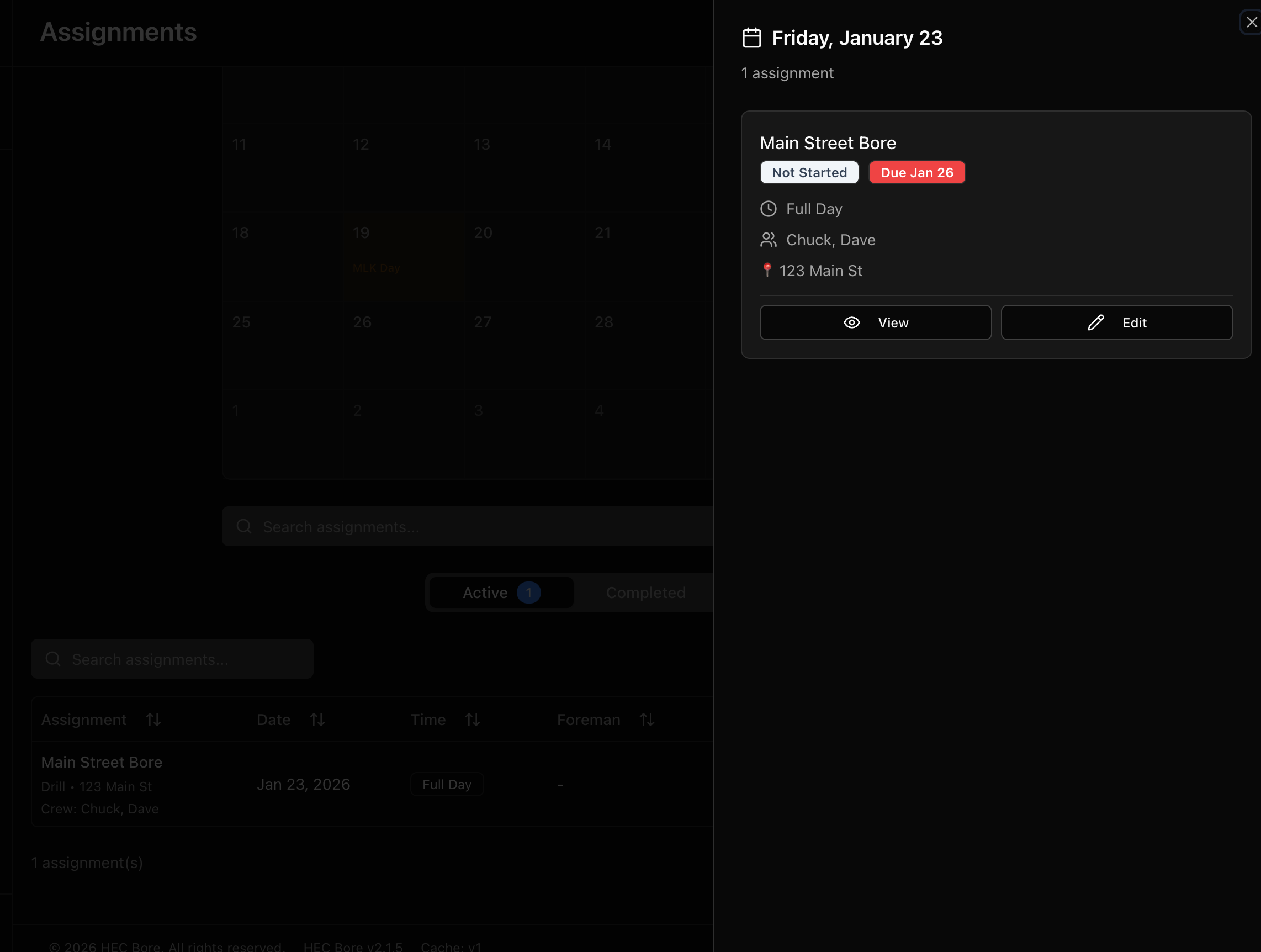 Assignment detail popup showing job info