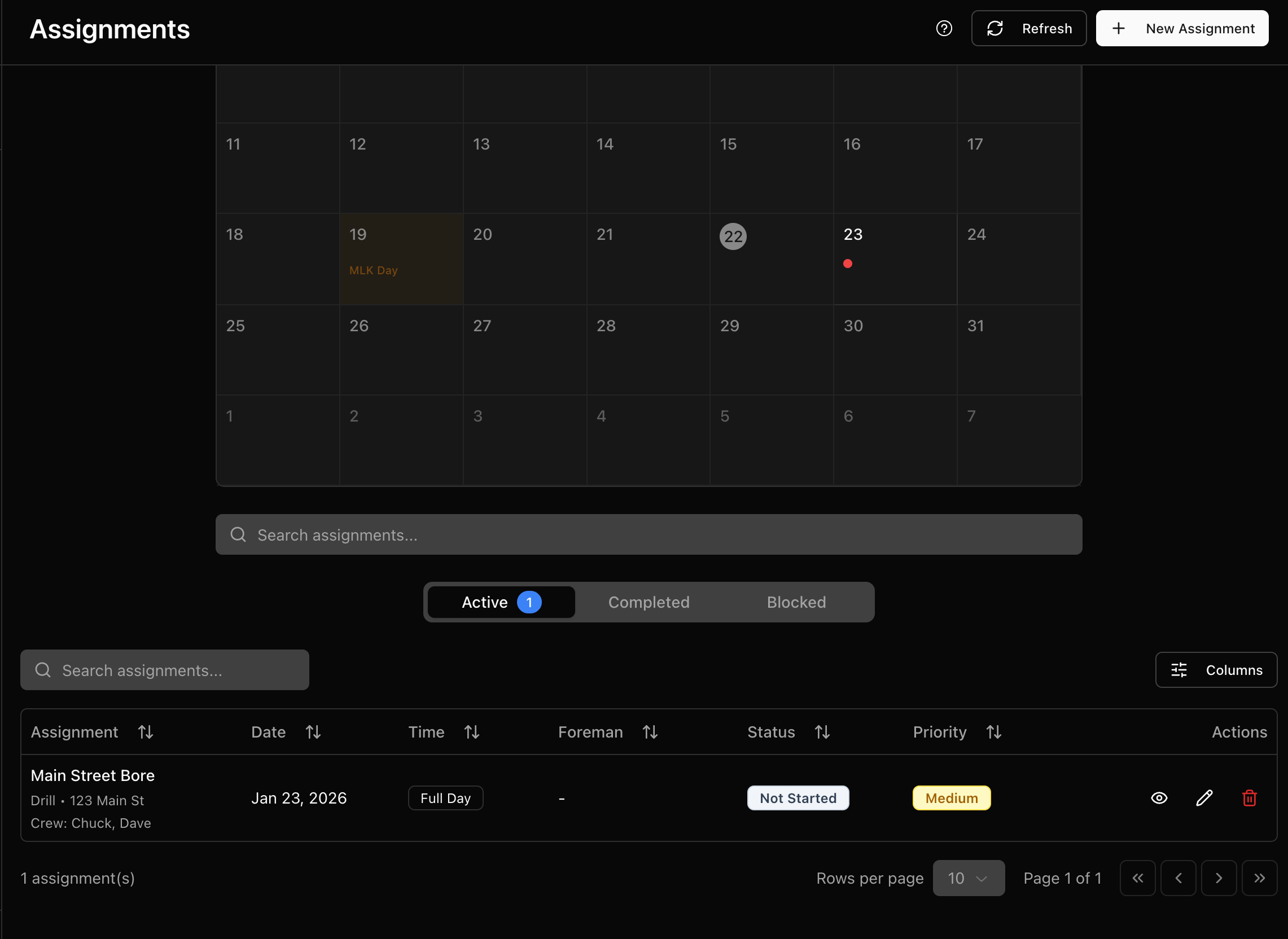Assignment list view with status and actions