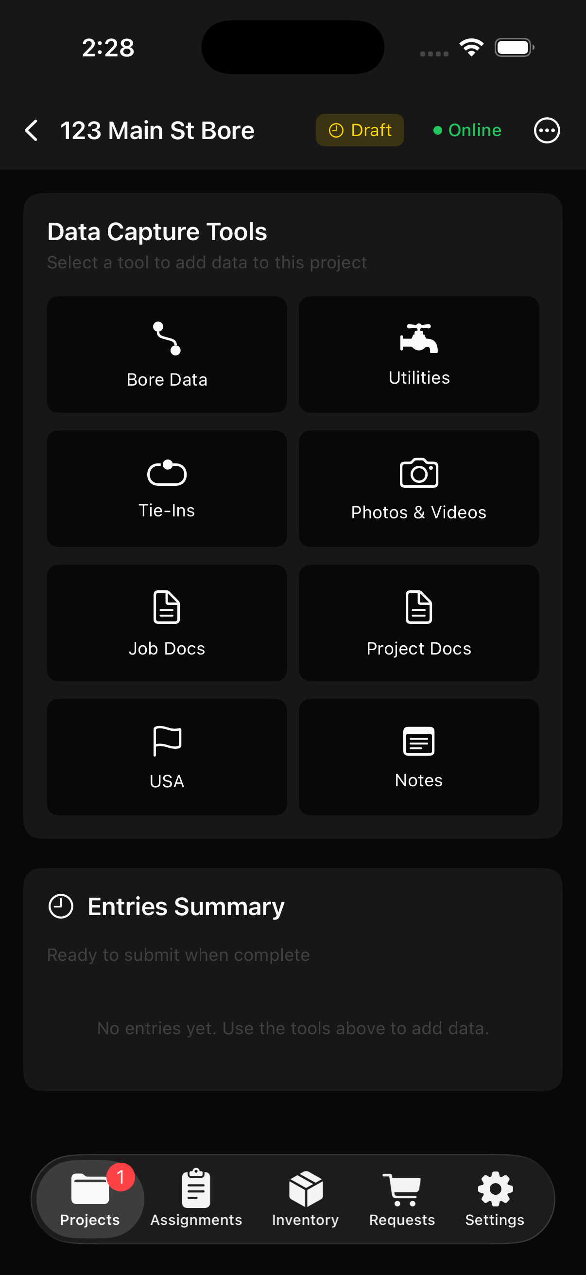 Data capture tools menu