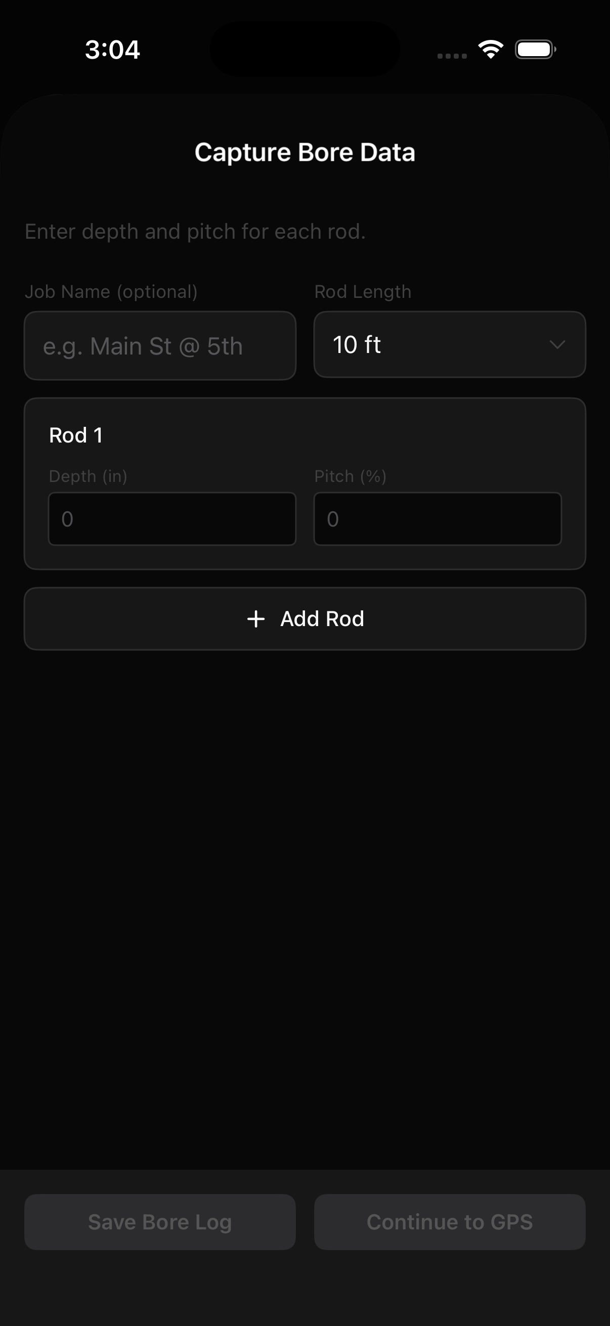 Bore data entry screen
