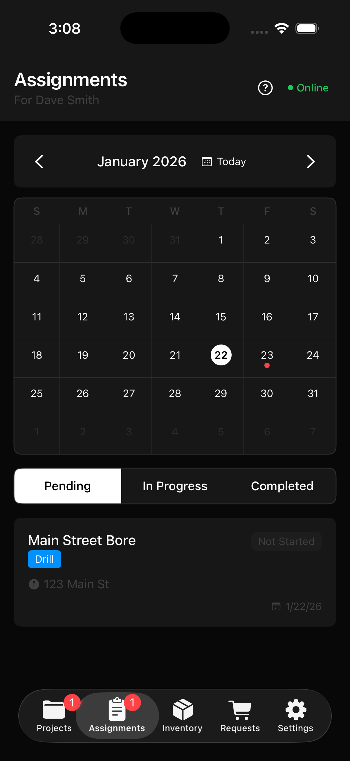 Assignments calendar on mobile