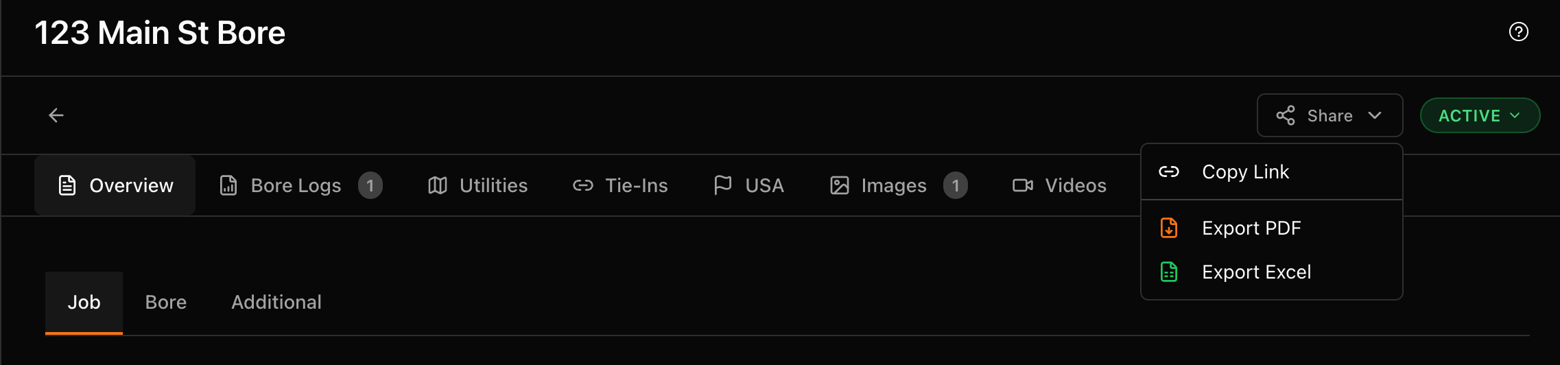 Export menu with PDF and Excel options